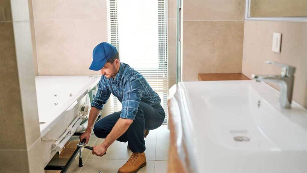 Plumber fixing a bathtub in a modern bathroom.