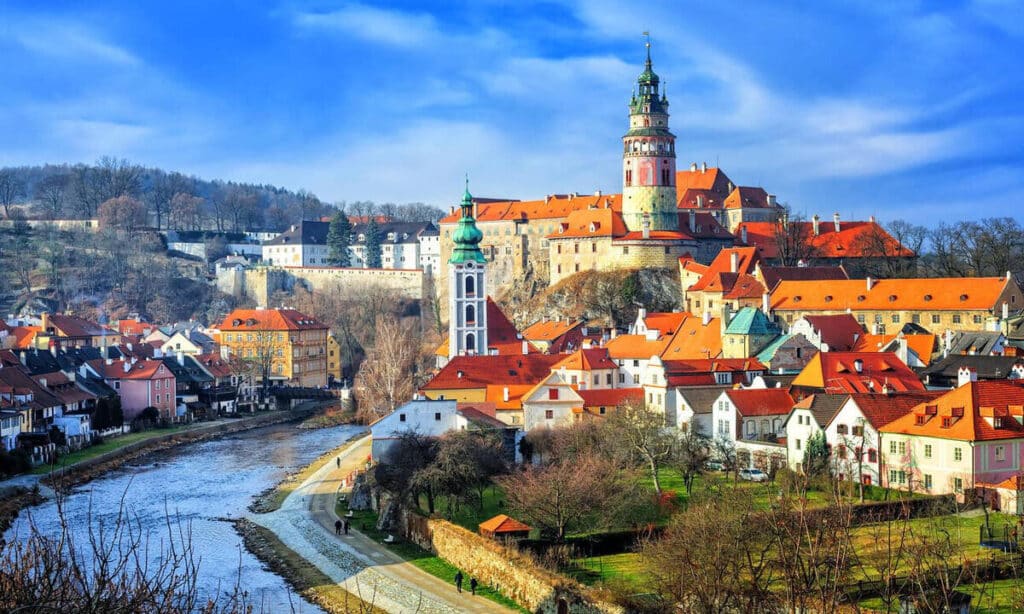 Red tile roofs and towers of the Cesky Crumlov old town, Czech Republic