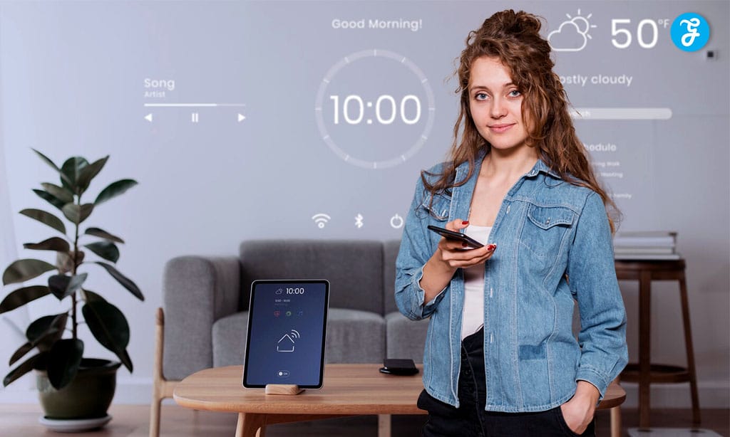 Woman using a smartphone to control a smart home system with a digital display