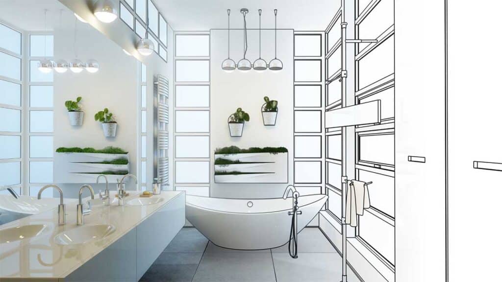 Modern bathroom design concept with white fixtures and greenery.