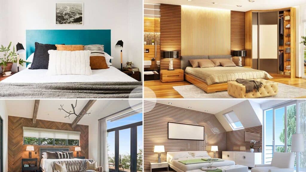 A collage of four modern bedroom designs showcasing various interior styles