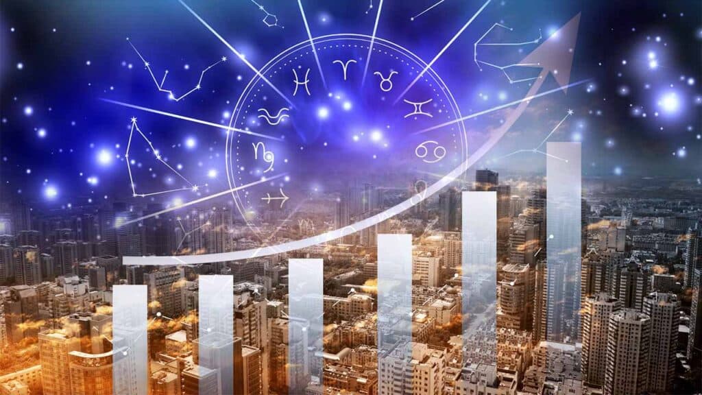 A cityscape with a rising bar chart is overlaid with zodiac symbols and constellations in the night sky