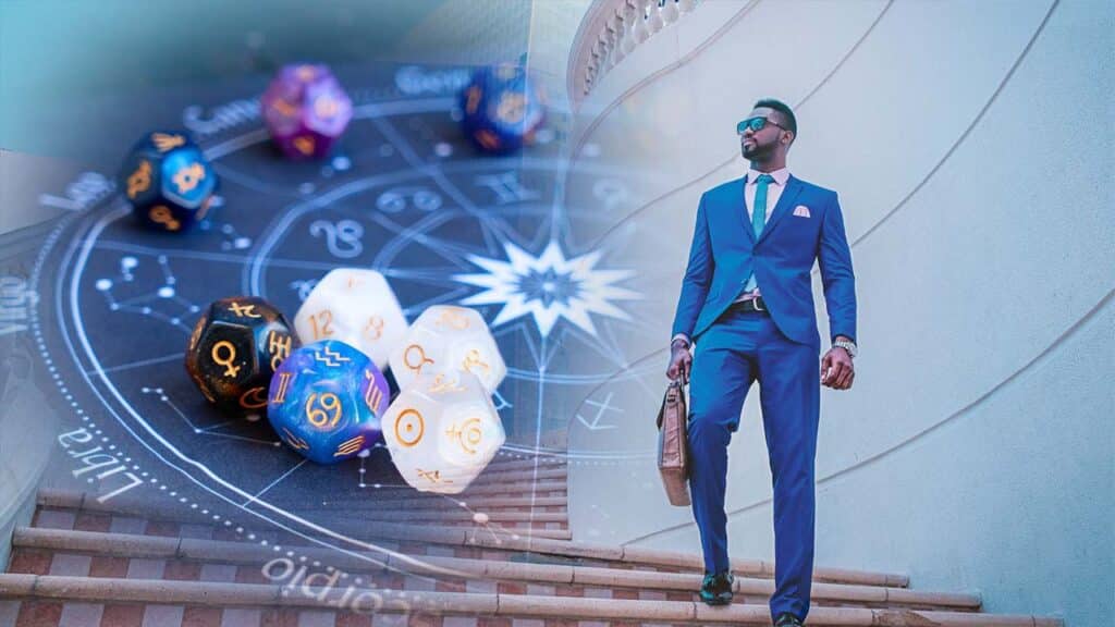 A man in a blue suit walks with zodiac dice in the background
