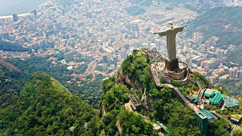 Iconic Christ the Redeemer statue towering over Rio de Janeiro, Brazil